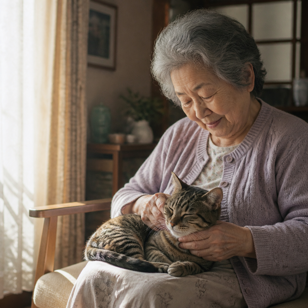 縁側で猫を抱く穏やかな高齢女性