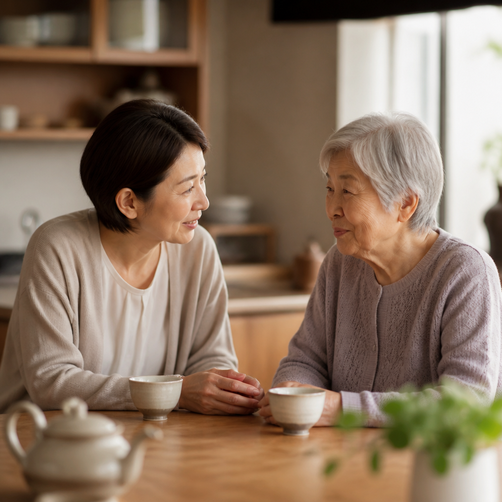 娘が高齢の母親に顔を向けて優しく話しかけるシーン