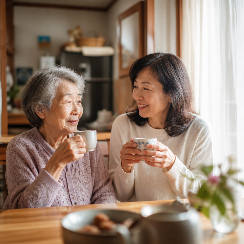 娘と一緒にお茶を飲む高齢の母親