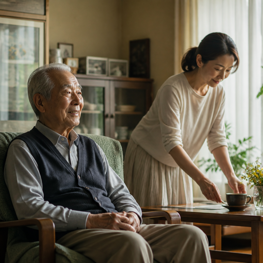 自宅でくつろぐ高齢者と安心した表情の家族