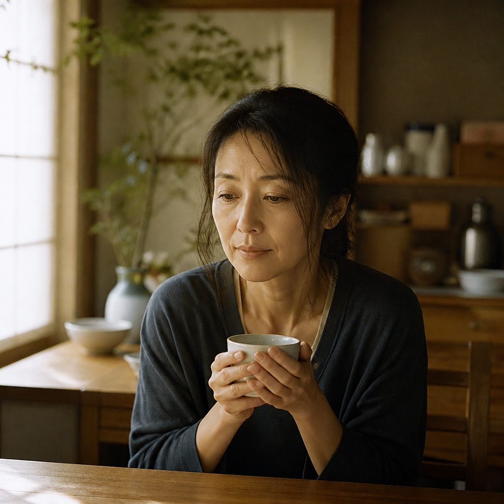 自宅でお茶を飲む介護者の女性
