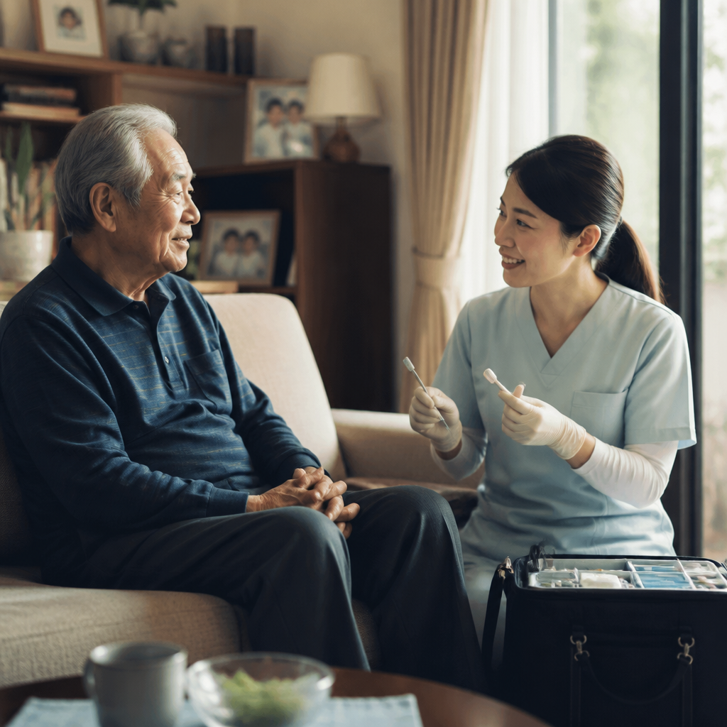 自宅で訪問歯科の診療を受ける高齢者