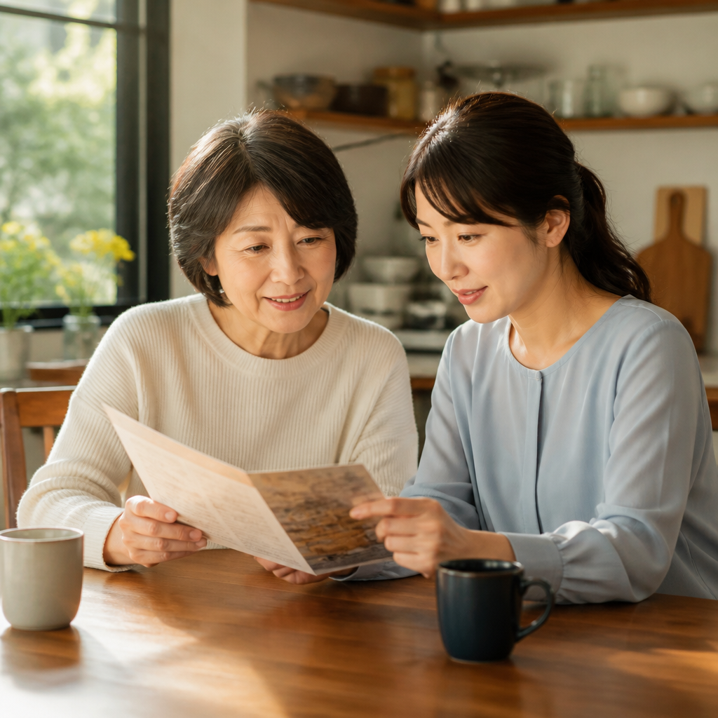 母と娘が書類を一緒に確認する温かな場面