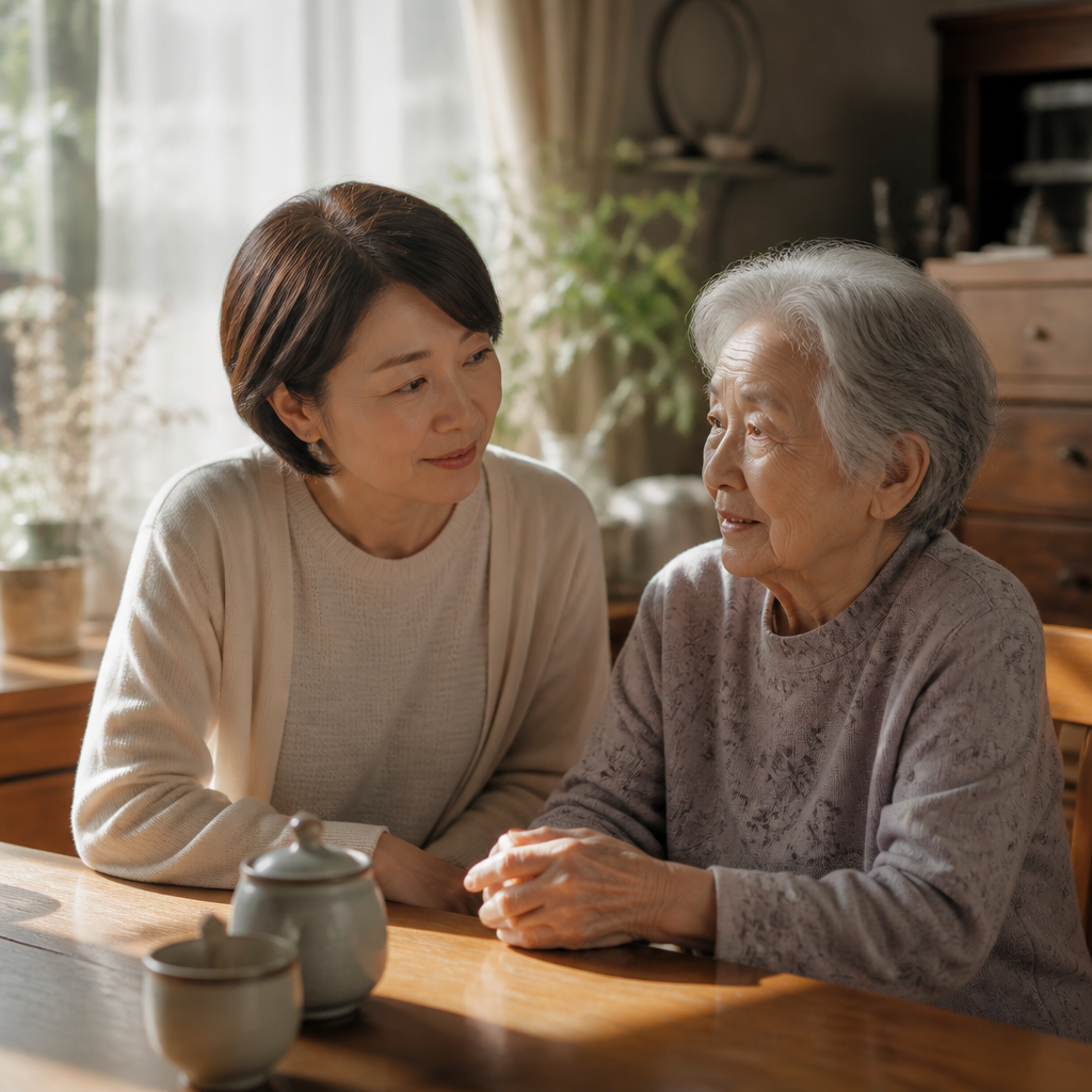 穏やかに話しかける家族と高齢者のシーン