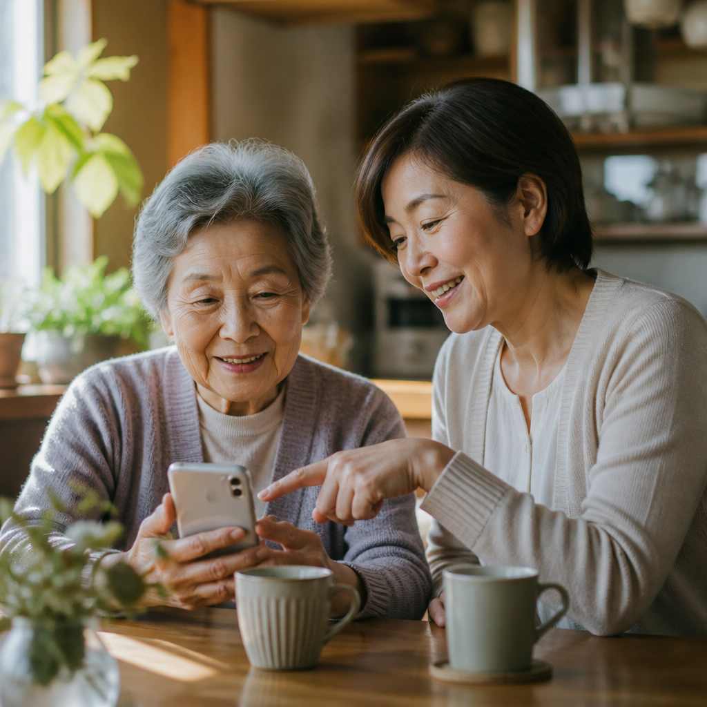 高齢の母親と娘がスマホを一緒に見ているシーン