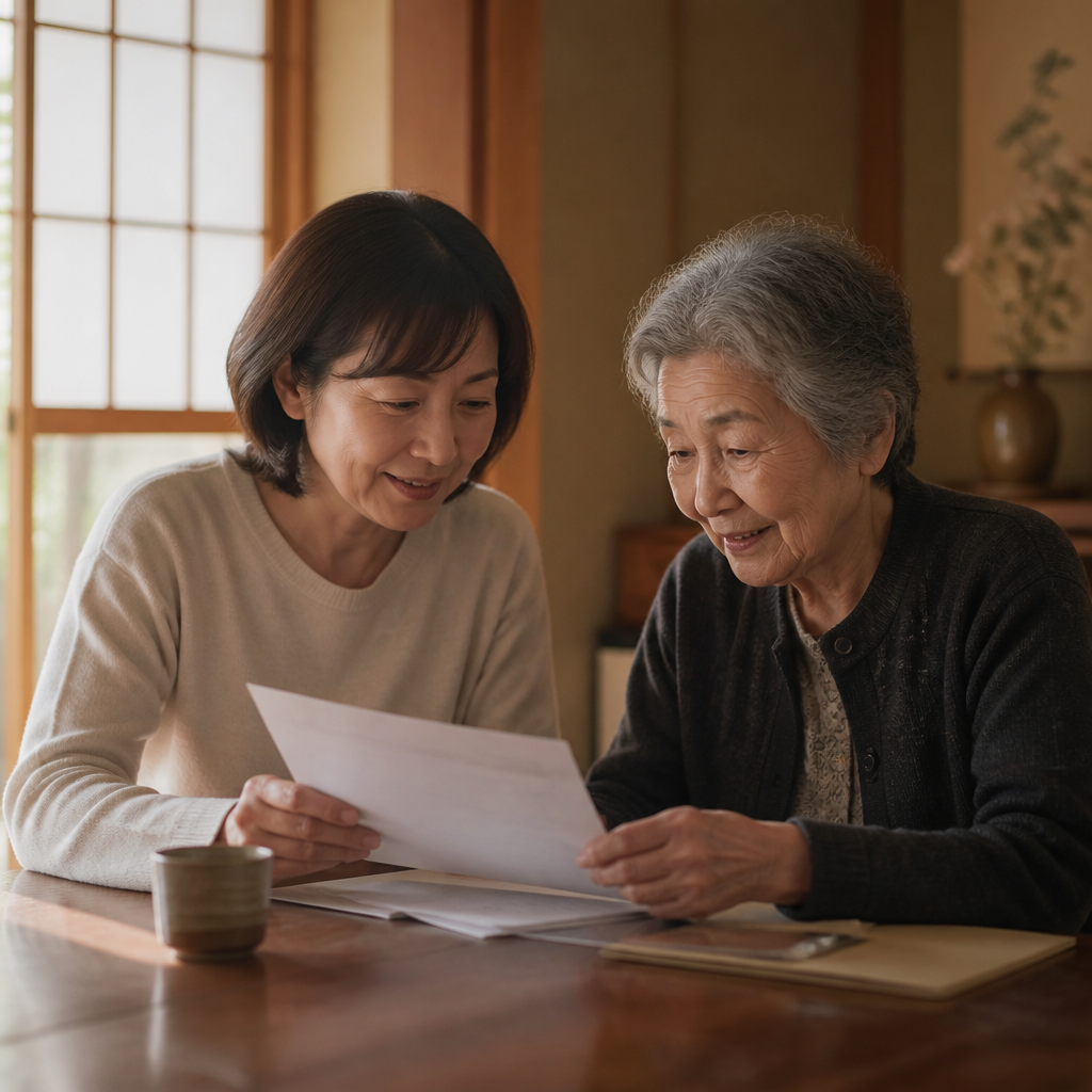 親子が自宅でゆったり書類を確認するシーン