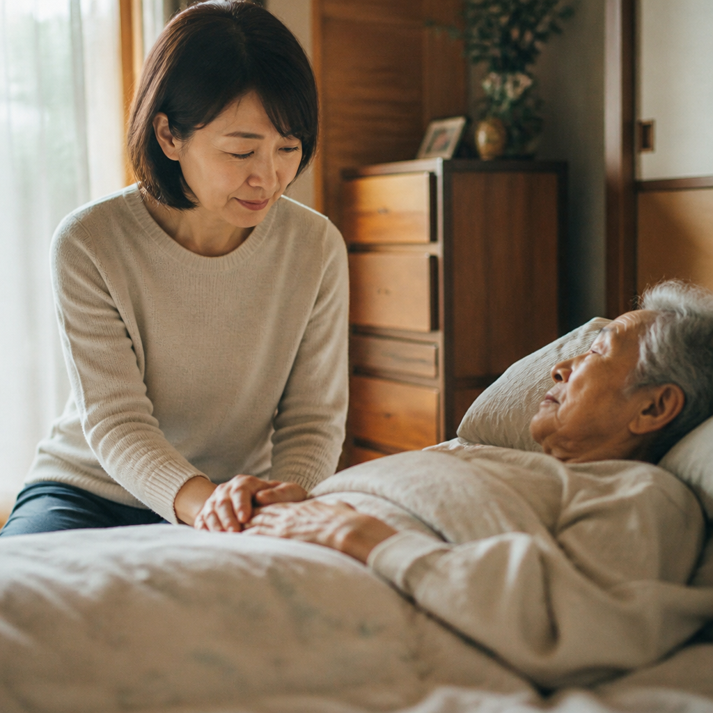 高齢者の手をそっと握る家族の温かな場面