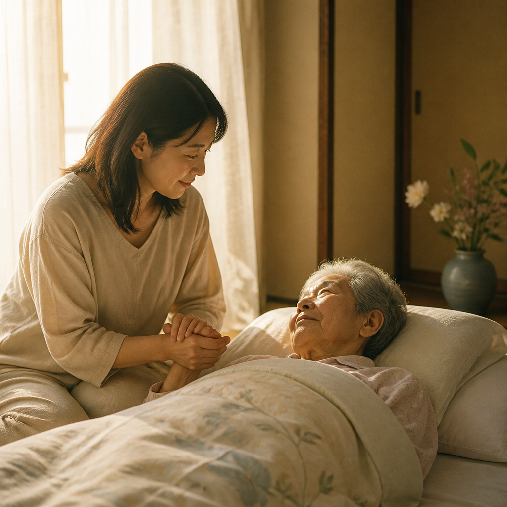 自宅で親の手を握り寄り添う家族
