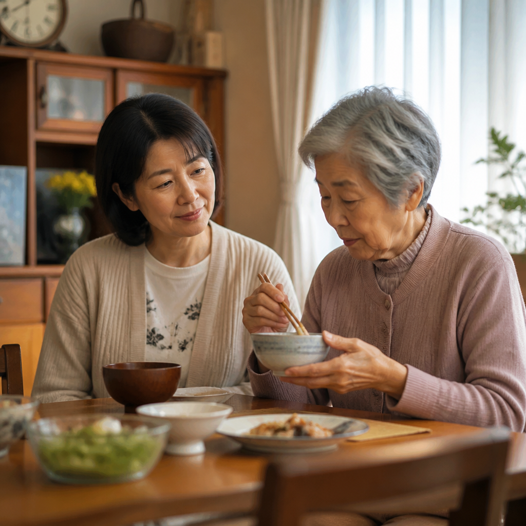 娘が高齢の母のそばで穏やかに寄り添う食卓の風景