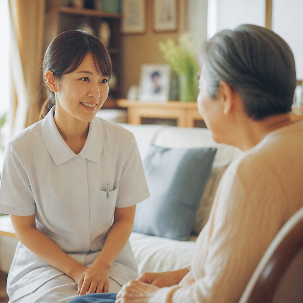 訪問看護師と家族が穏やかに話し合う場面