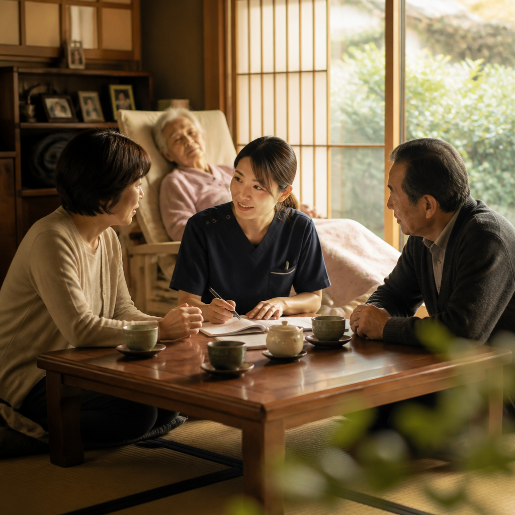 家族と医療スタッフが穏やかに話し合う場面
