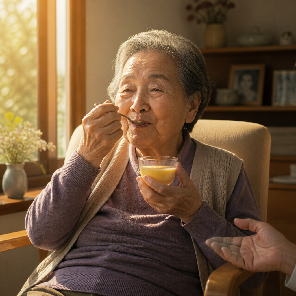 窓辺で好きなものを少しだけ食べる穏やかな高齢者