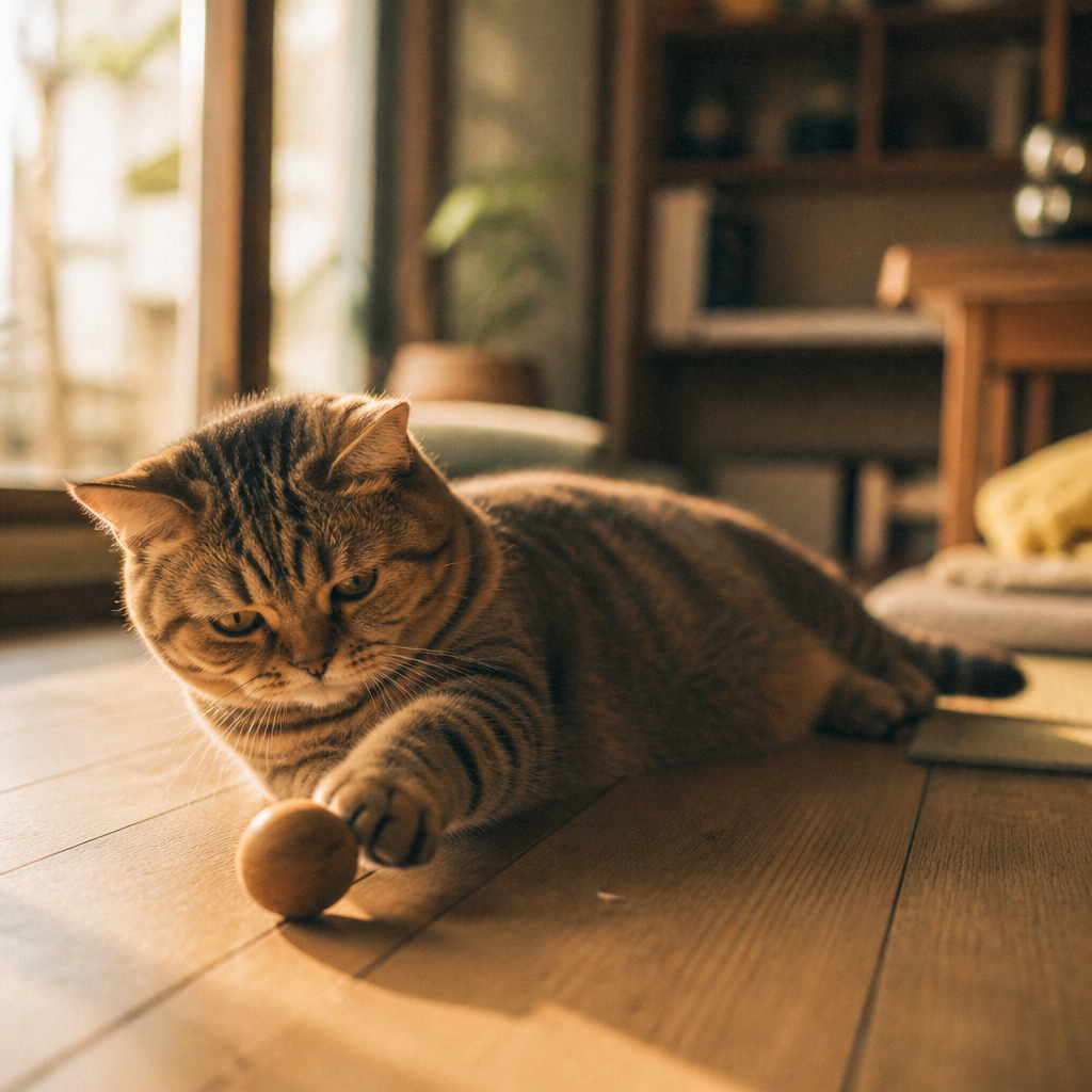 横になりながら木のボールで遊ぶマンチカン猫