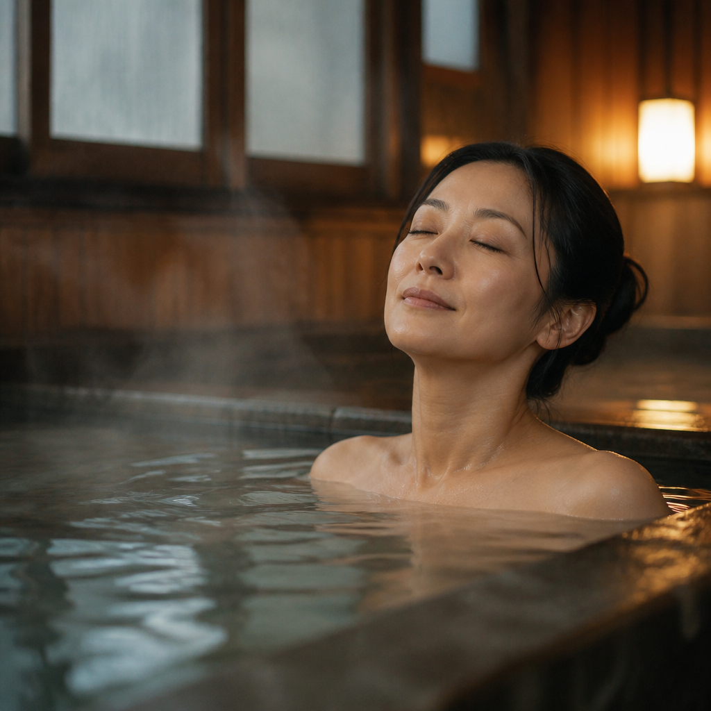 ぬる湯にゆったりと浸かり心から休む女性