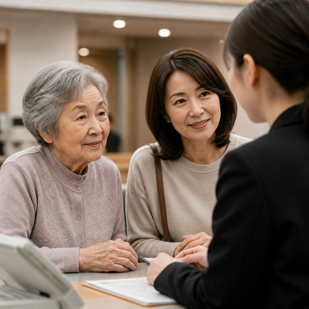 窓口で相談する高齢者と家族