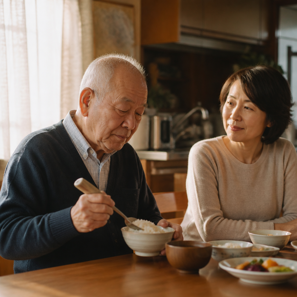 太めのグリップスプーンで食事をとる高齢男性