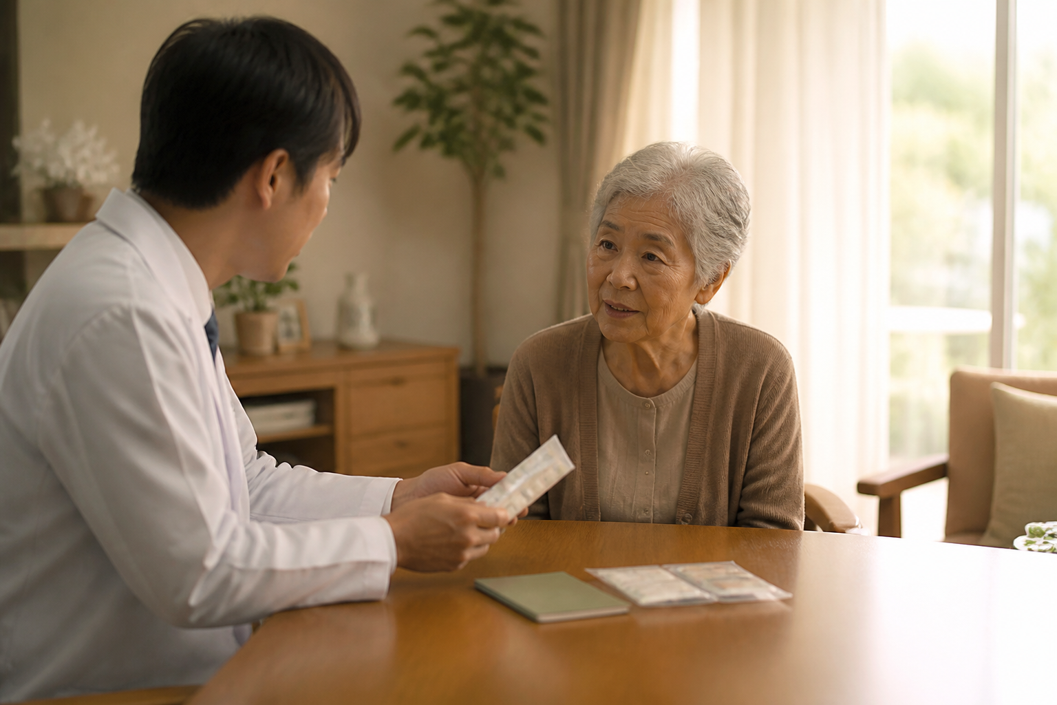 自宅で訪問薬剤師から説明を受ける高齢女性