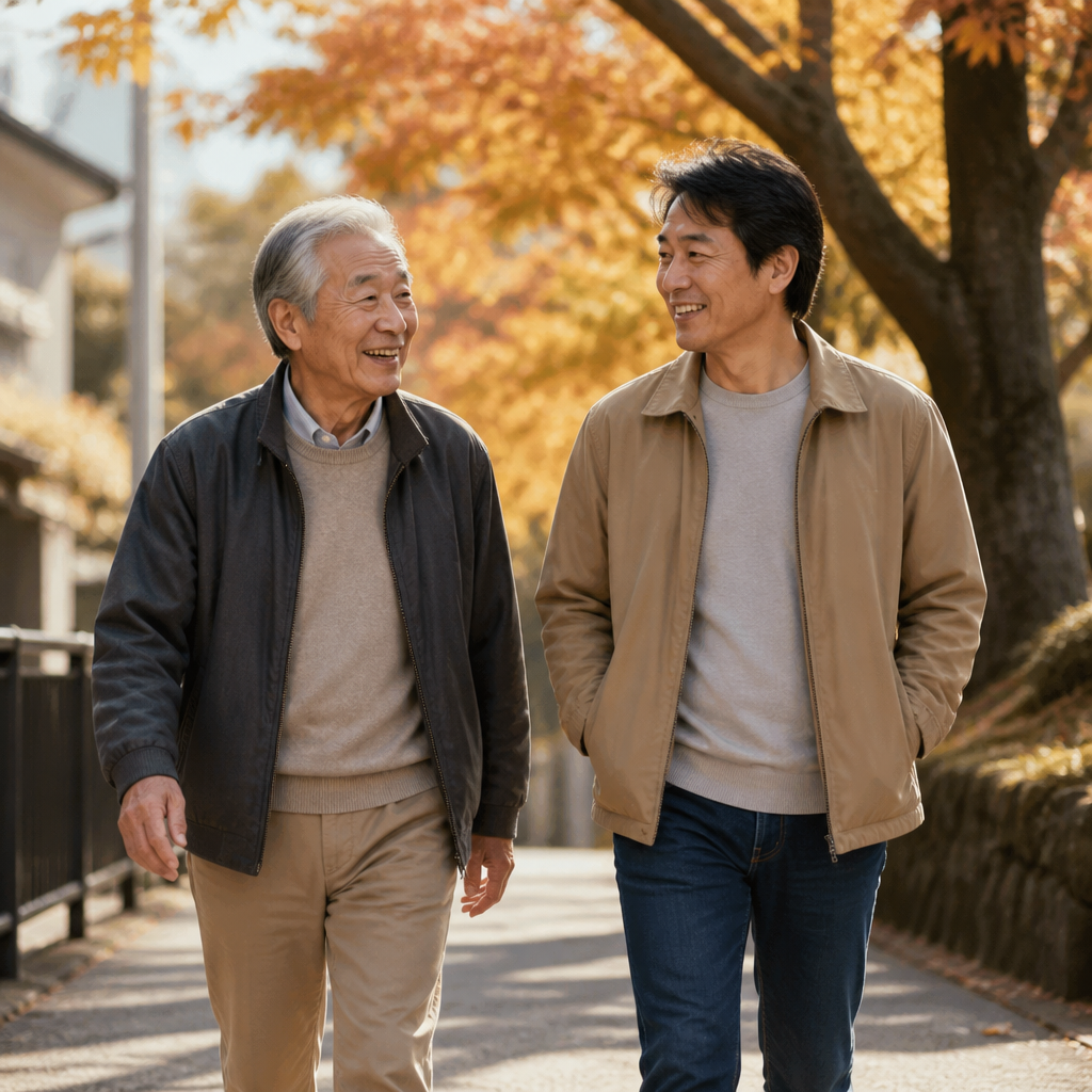 父と息子が近所を並んで散歩する様子
