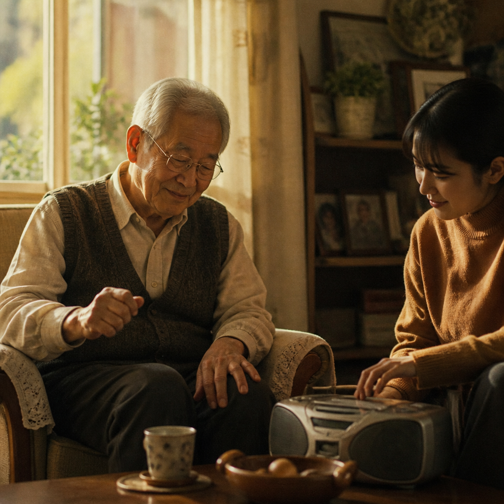 縁側で家族と昔の音楽を聴く穏やかなひととき