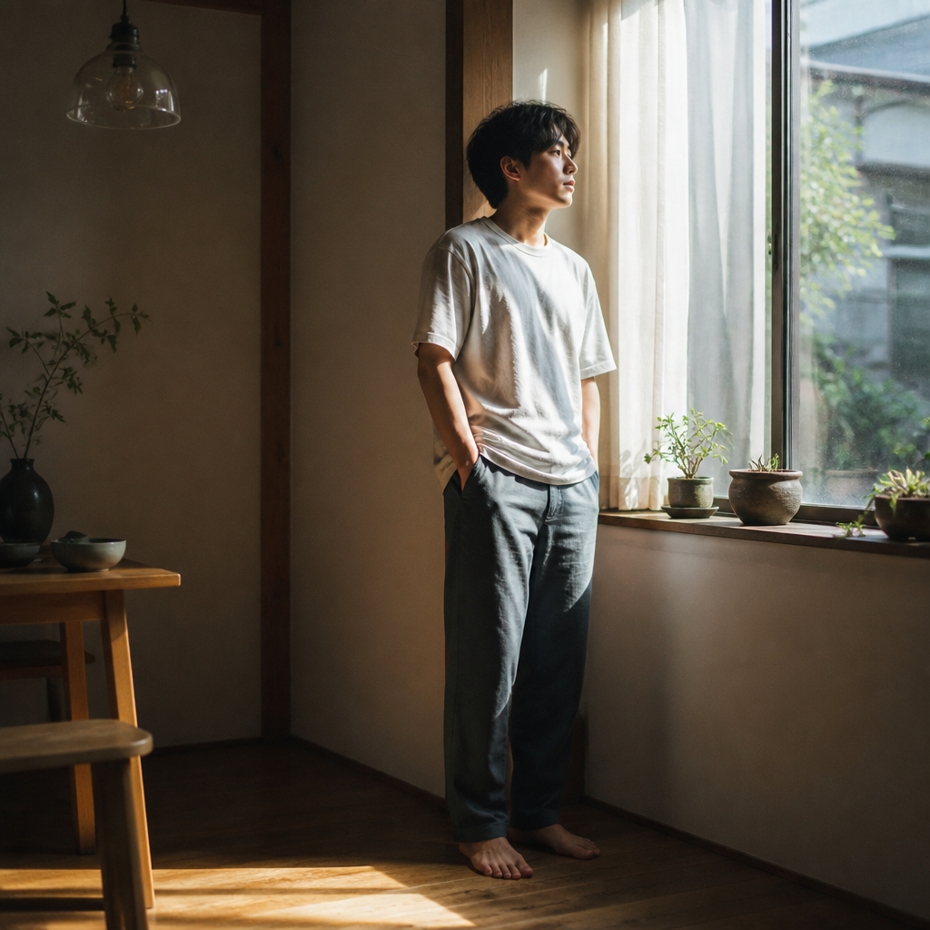 窓から差し込む朝の陽射しと穏やかな表情