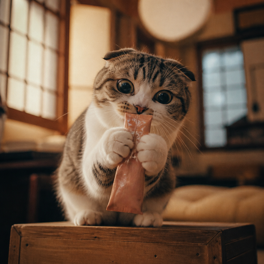 両前足でチュールを抱え込む猫