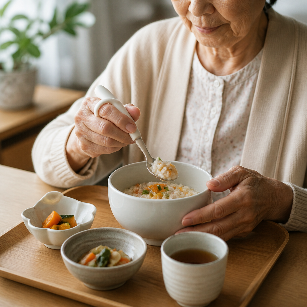 高齢女性が自助スプーンで食事をする穏やかな手元のシーン
