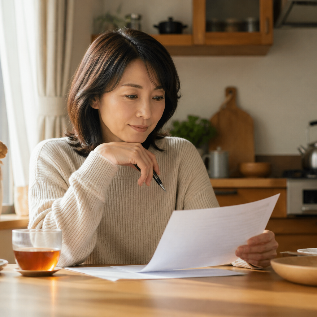給与明細を確認する40代女性の穏やかな朝の風景
