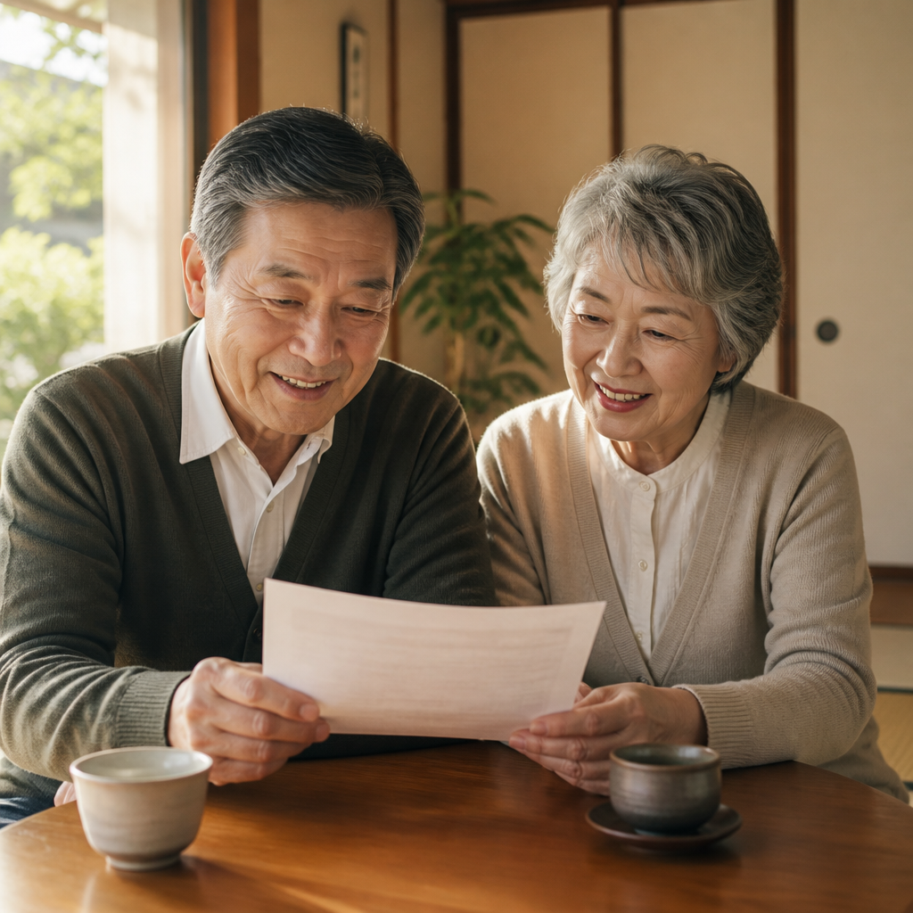 年金通知書を一緒に確認する高齢夫婦の穏やかな午後