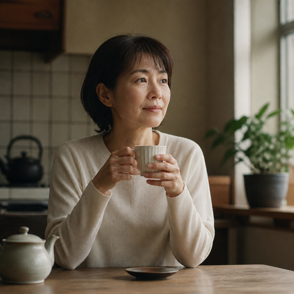 自宅でお茶を飲みながら考える日本人女性