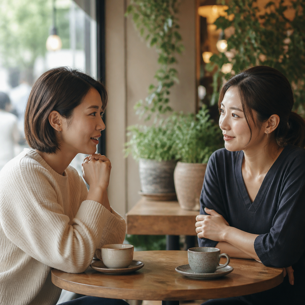 カフェのテーブルで向き合って話している二人