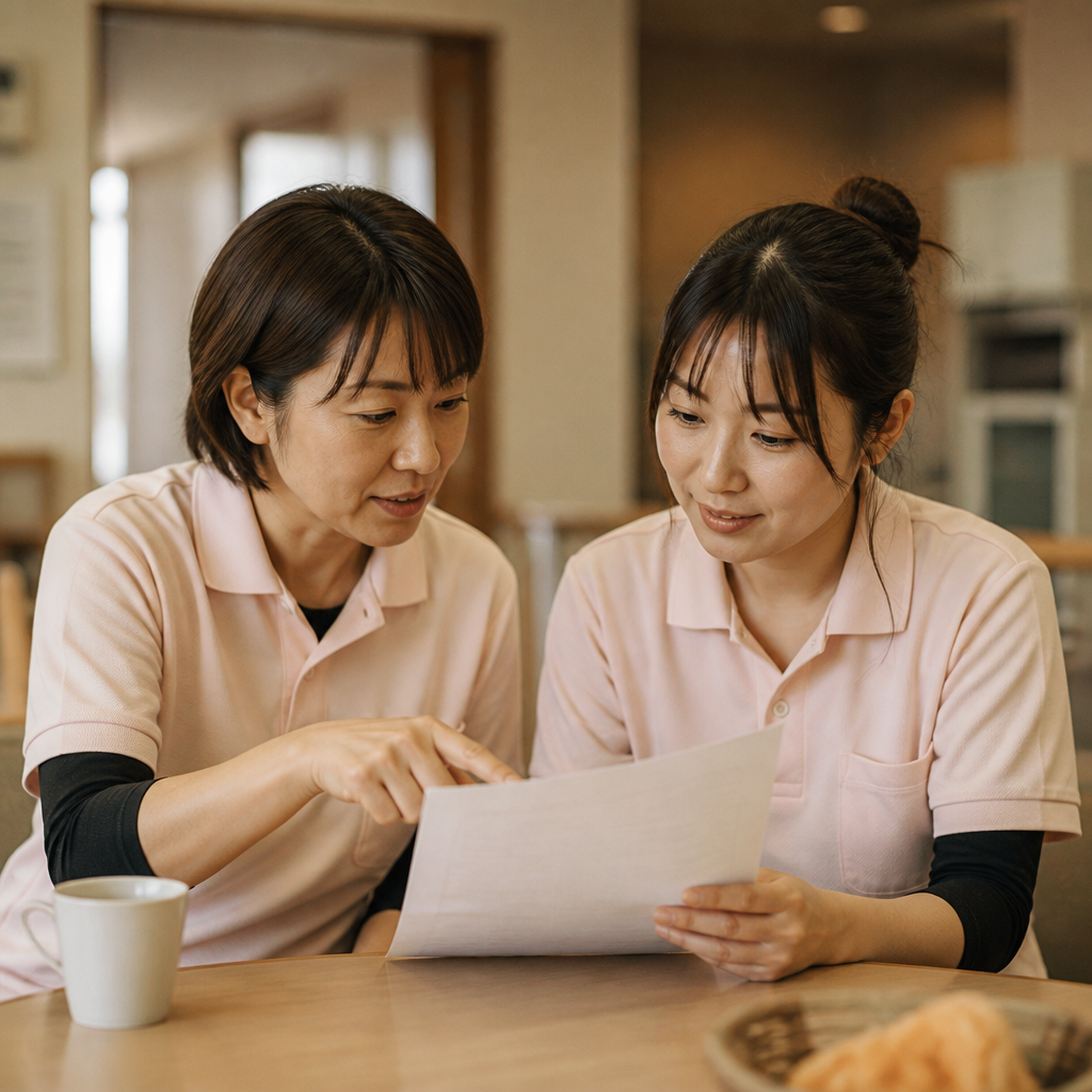 先輩職員が書類を見ながら後輩に説明している場面