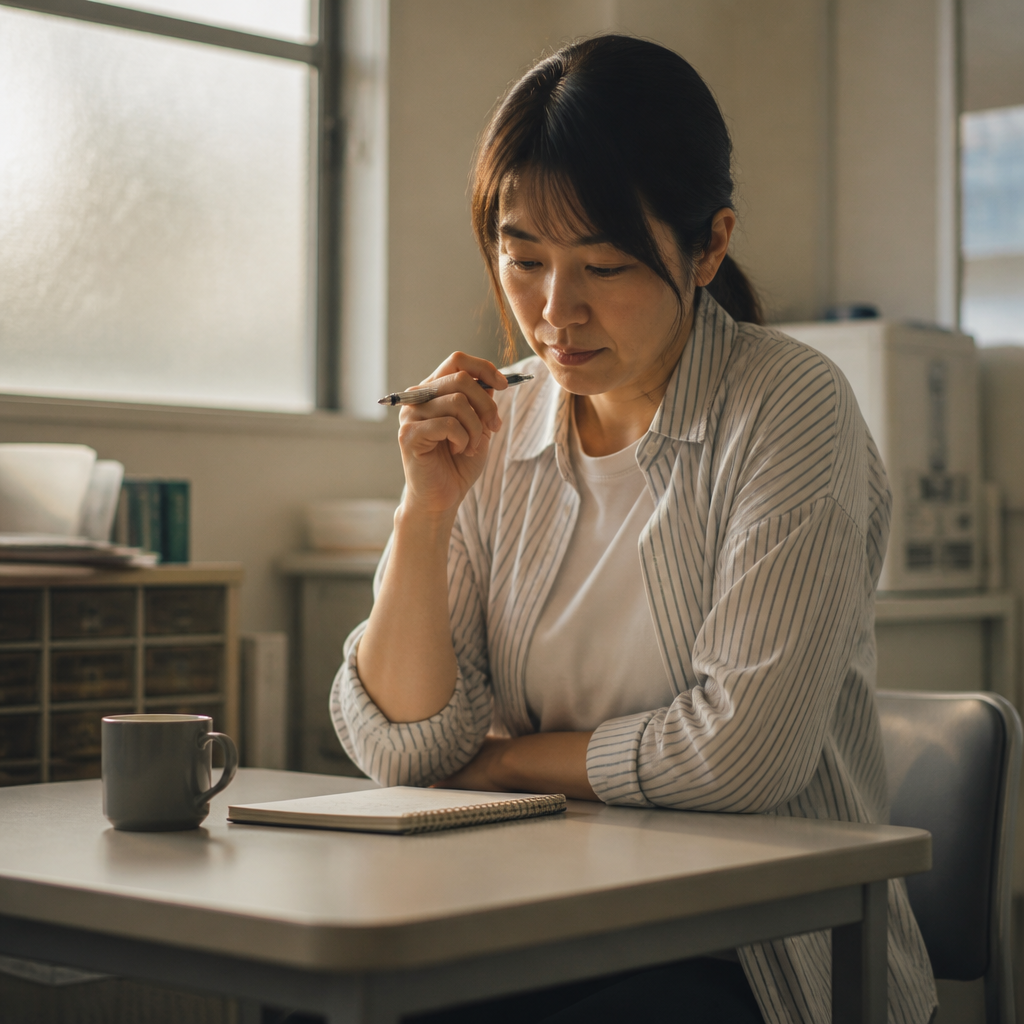 事務所の机で、書類とパソコンに向かって考えているケアマネジャー