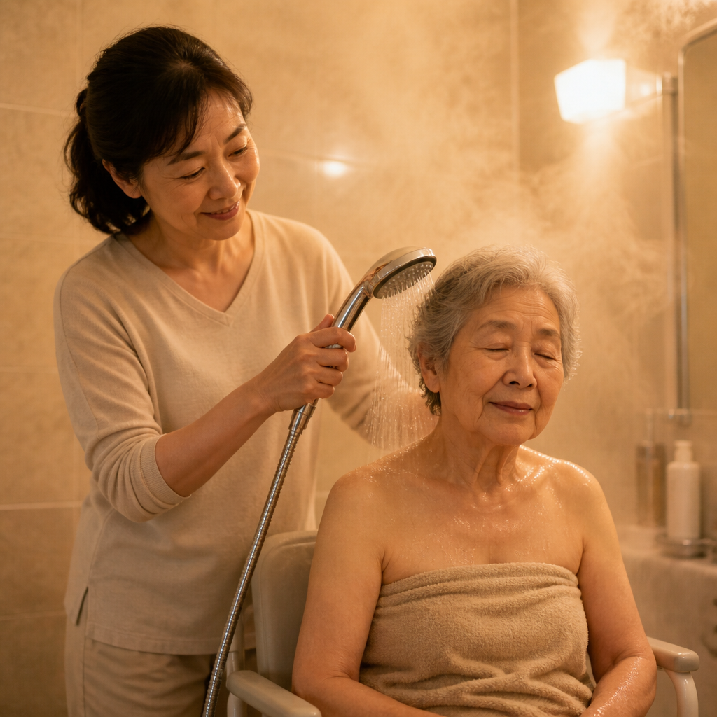 浴室でシャワーを使う高齢女性と娘