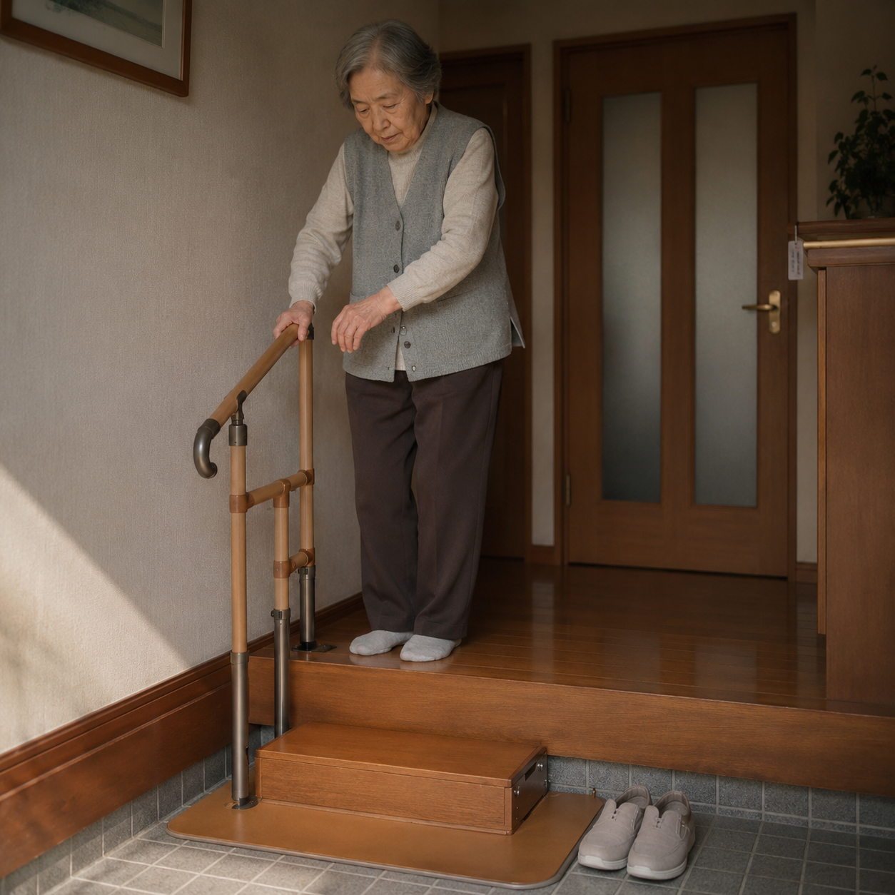 玄関の段差を、据置き型の手すりにつかまって降りようとしている高齢女性