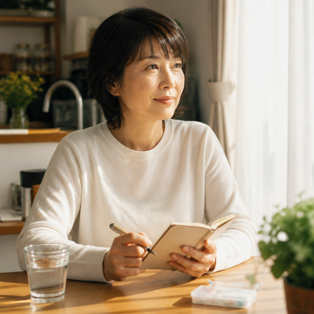 食卓でオン・オフの記録をつける娘