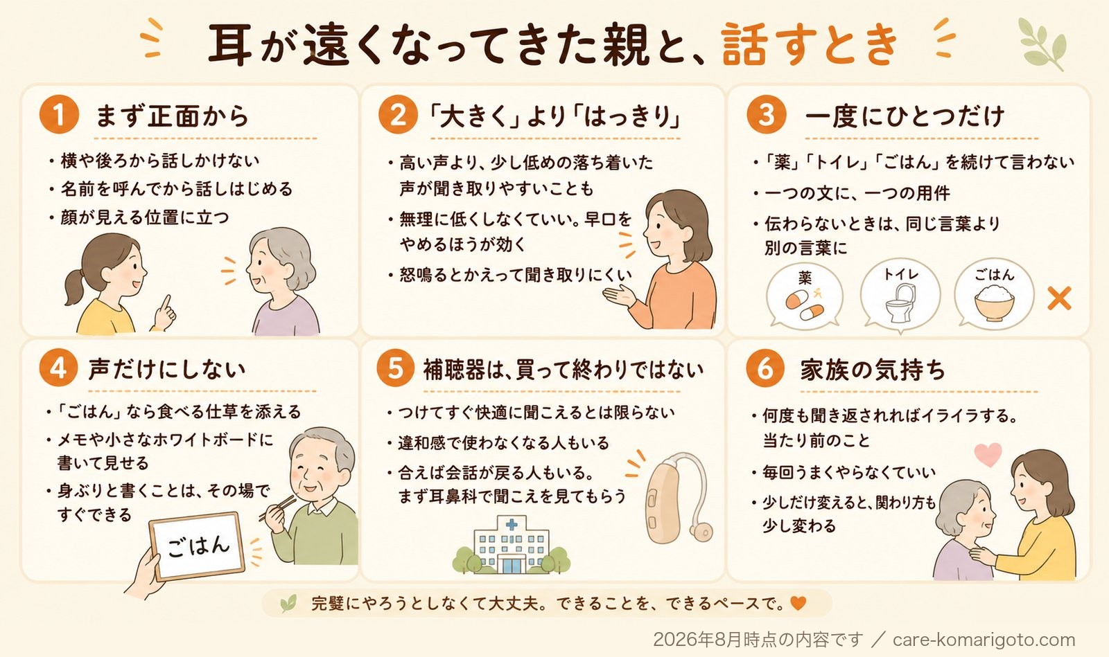 耳が遠くなってきた親と話すときの6つのポイントをまとめた図