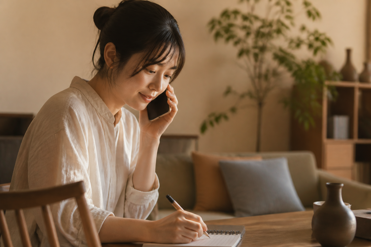 夕方の居間で娘が父のそばで照明を明るくするシーン